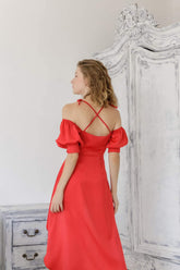 Off-shoulder silk dress with sweetheart neckline and high-low hem for elegant silhouette